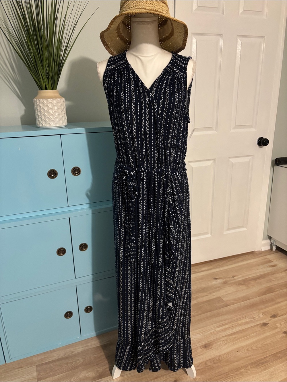 Navy Patterned Sleeveless Maxi Dress with Self-Tie Waist
